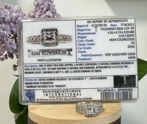 Natural Princess Cut Diamond Halo Engagement Ring + Band 14K White Gold