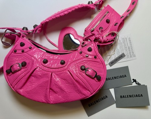 New Balenciaga le Cagole XS Studded Leather Shoulder Bag Pink Authentic