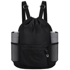 Waterproof Drawstring Bag, Lightweight String Backpack with Water Bottle Black
