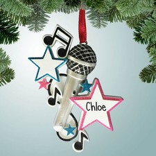 Personalized Silver Microphone with Stars and Notes Christmas Ornament