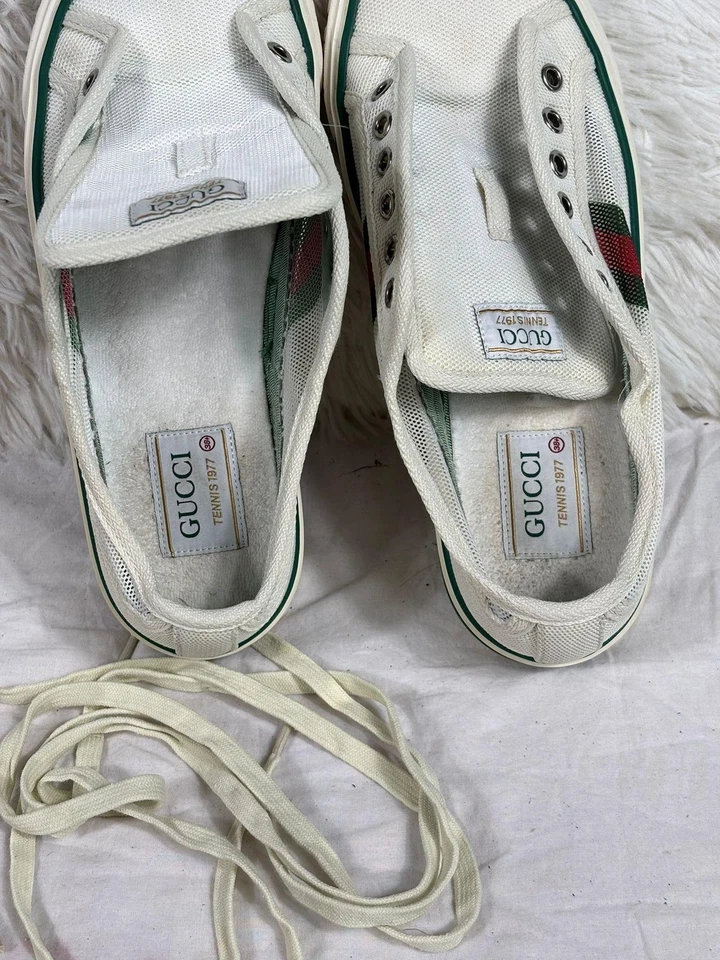 Gucci Tenis 1977 Zapatos Mujer Talla 38 EE. UU. 8 Blanco Lona Web Rayas Verde Rojo Foto 4 de 4
