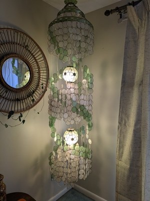 Vintage 1960s-1970s Capiz Shell Chandelier Hanging Lamp 6ft