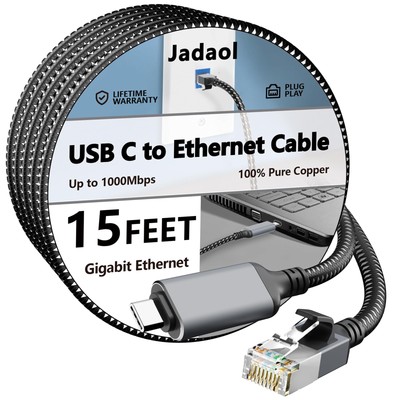 USB C to Ethernet Cable 15 FT, Driver-Free Type C to RJ45, Thunderbolt 3/4 Co...