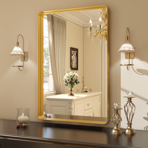30 X 22 Inch Gold Bathroom Mirror for Wall,Aluminum Alloy Frame Rectangular Wall - Picture 3 of 8