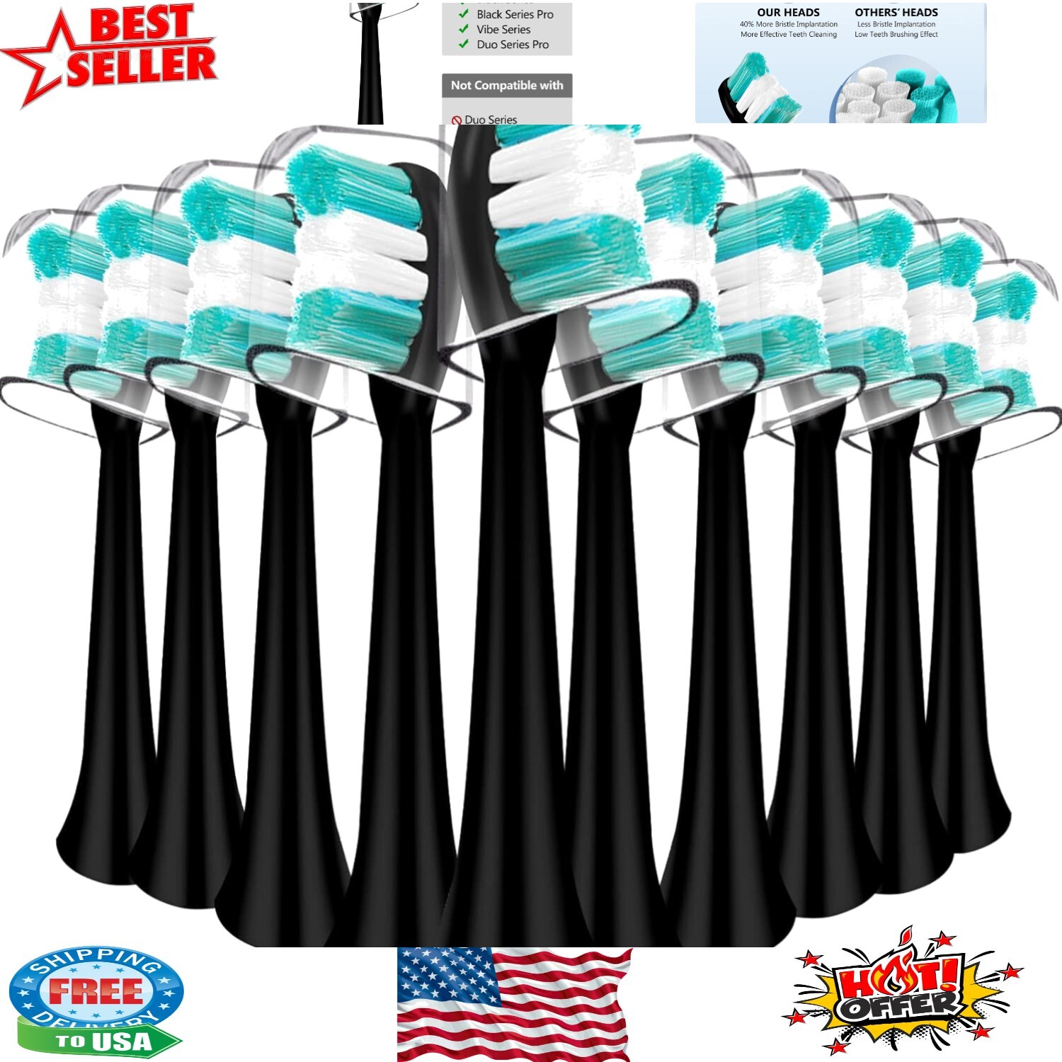 AquaSonic Toothbrush Replacement Heads - 10 Pack Curved Nylon Bristles