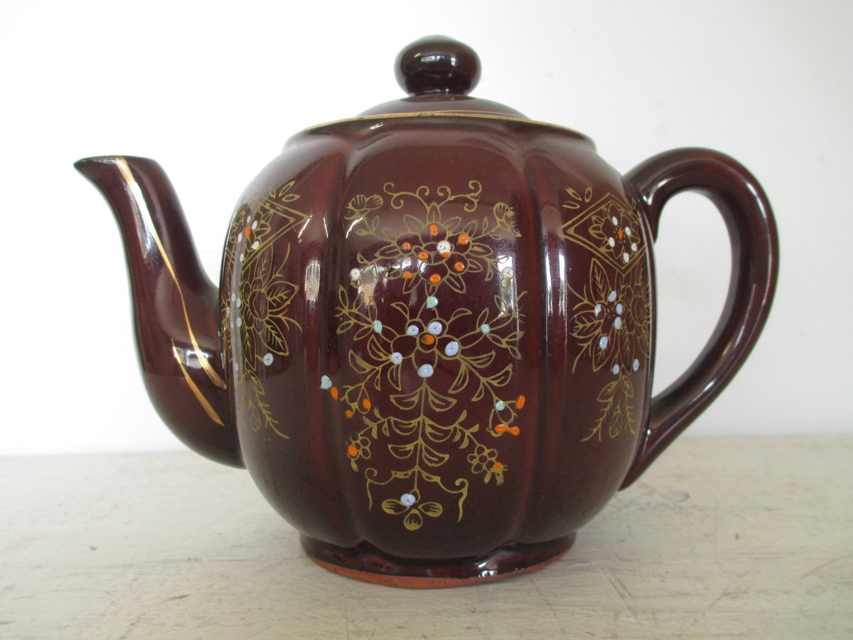 Vintage Clay Brown Gold Trim, Tea Pot, 6