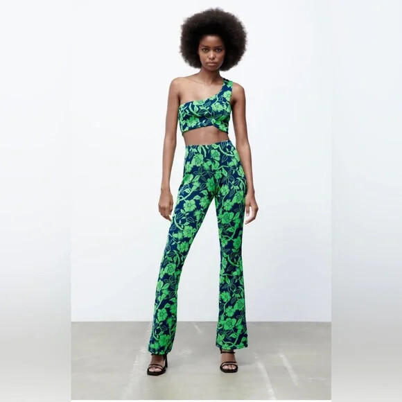NWT Zara Green Blue Jacquard Floral Print High Waisted Flare