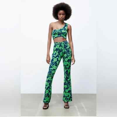 NWT Zara Green Blue Jacquard Floral Print High Waisted Flare