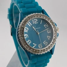 Geneva Womens Watch Blue Resin Band 38mm Case Quartz Analog Three Hands Gem Set