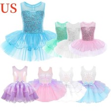 Kids Girls Shiny Sequins Dancewear Mesh Gymnastics Leotard Ballet Dress