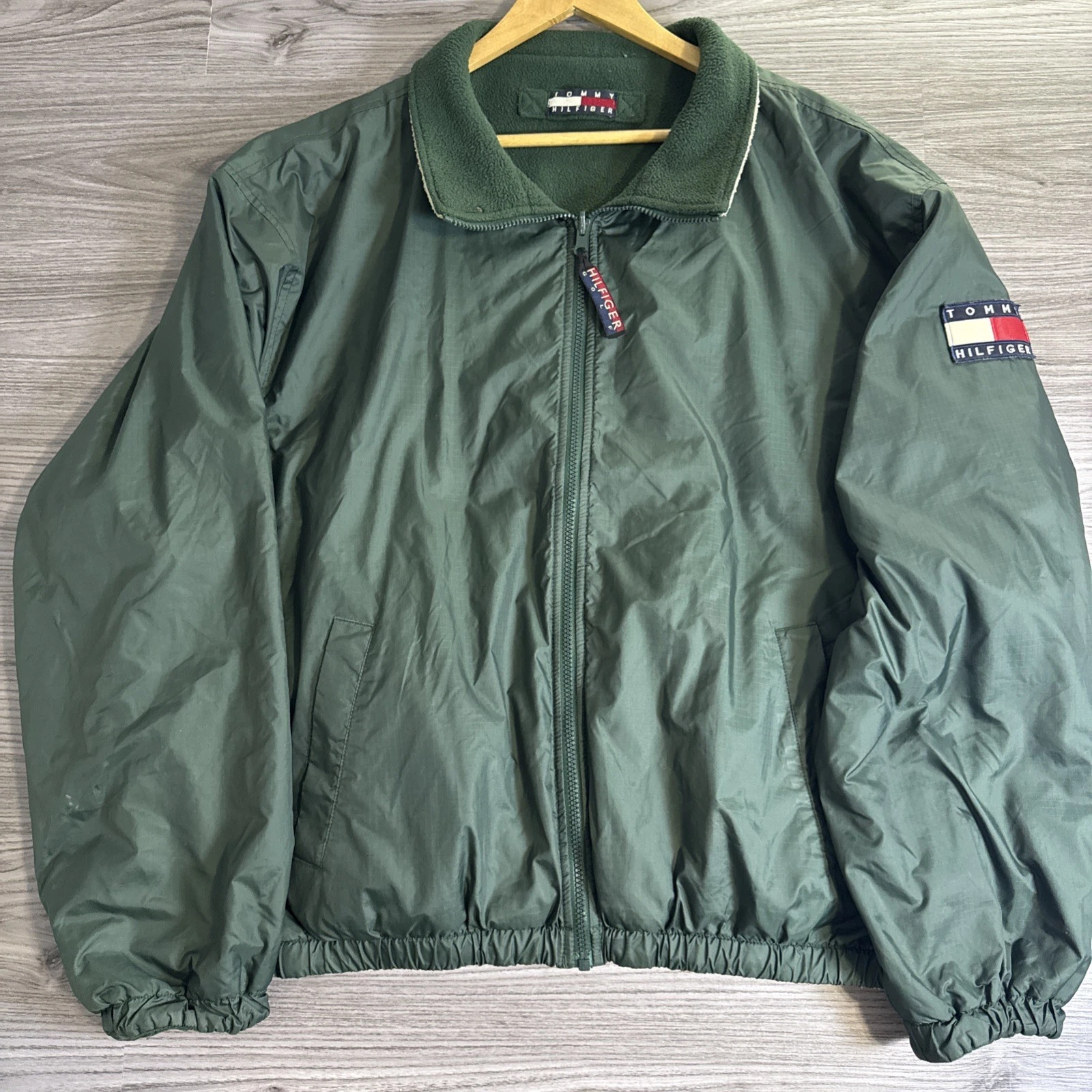 Vintage 90s Tommy Hilfiger Faded Green Harrington Bomber Jacket Full Zip Large - product detail image 1