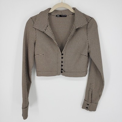 ZARA Houndstooth Cropped Button Front Collared Long Sleeve Blazer Shirt Women S