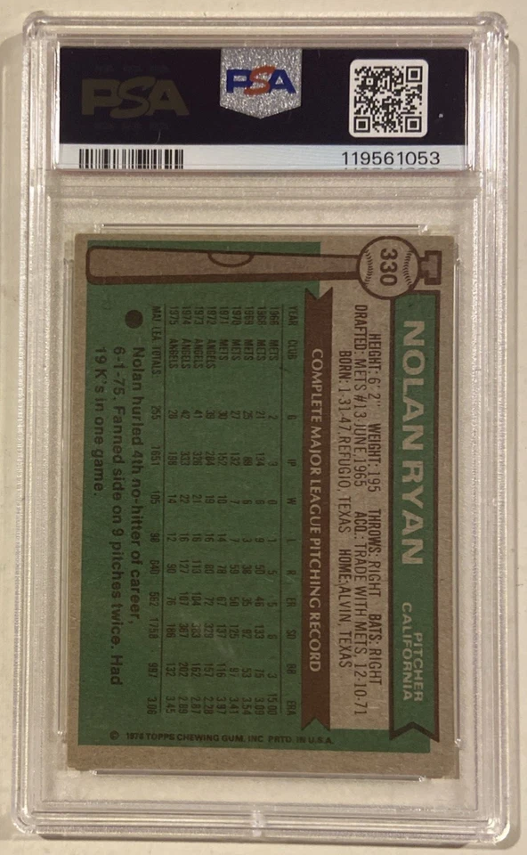 1976 Topps Nolan Ryan Signed Baseball Card #330 PSA/DNA 10 Certified Auto HOF - Image 4 of 4