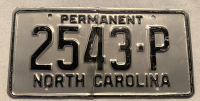 Vintage North Carolina Permanent License Plate Tag #2543-P