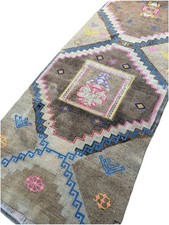 Vintage Hand-Knotted Turkish Oushak Rug Runner 4x11 Tribal Wool Brown Pink Blue
