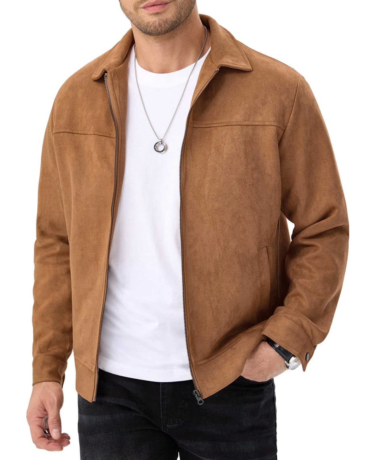 Men's Suede Bomber Jacket Casual Soft Lightweight Leather Jacket Light Brown image 1
