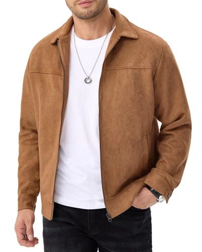 Men's Suede Bomber Jacket Casual Soft Lightweight Leather Jacket Light Brown video thumbnail