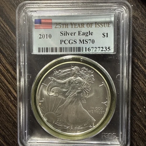 2010 $1 SILVER EAGLE PCGS MS 70 25TH YEAR OF ISSUE LABEL