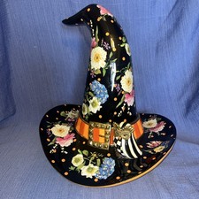 MACKENZIE CHILDS Black Flower Market Witch HAT  Striped Owl Halloween 12"X13"