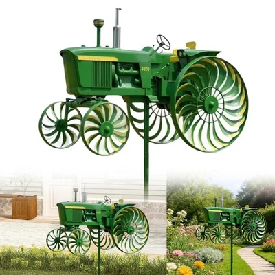 Moulin à Vent Tracteur Fer Vert avec Lames Rotatives Décoration Jardin - Photo 1/4