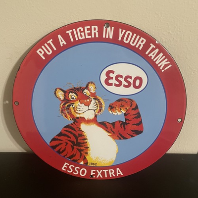#ad VINTAGE ESSO PUT TIGER IN YOUR TANK GASOLINE MOTOR OIL PORCELAIN SIGN $60.00