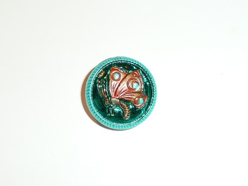 Cute Sea Green w/ Copper & Gold Butterfly Czech Glass Button 18mm Hand Painted - Picture 5 of 7