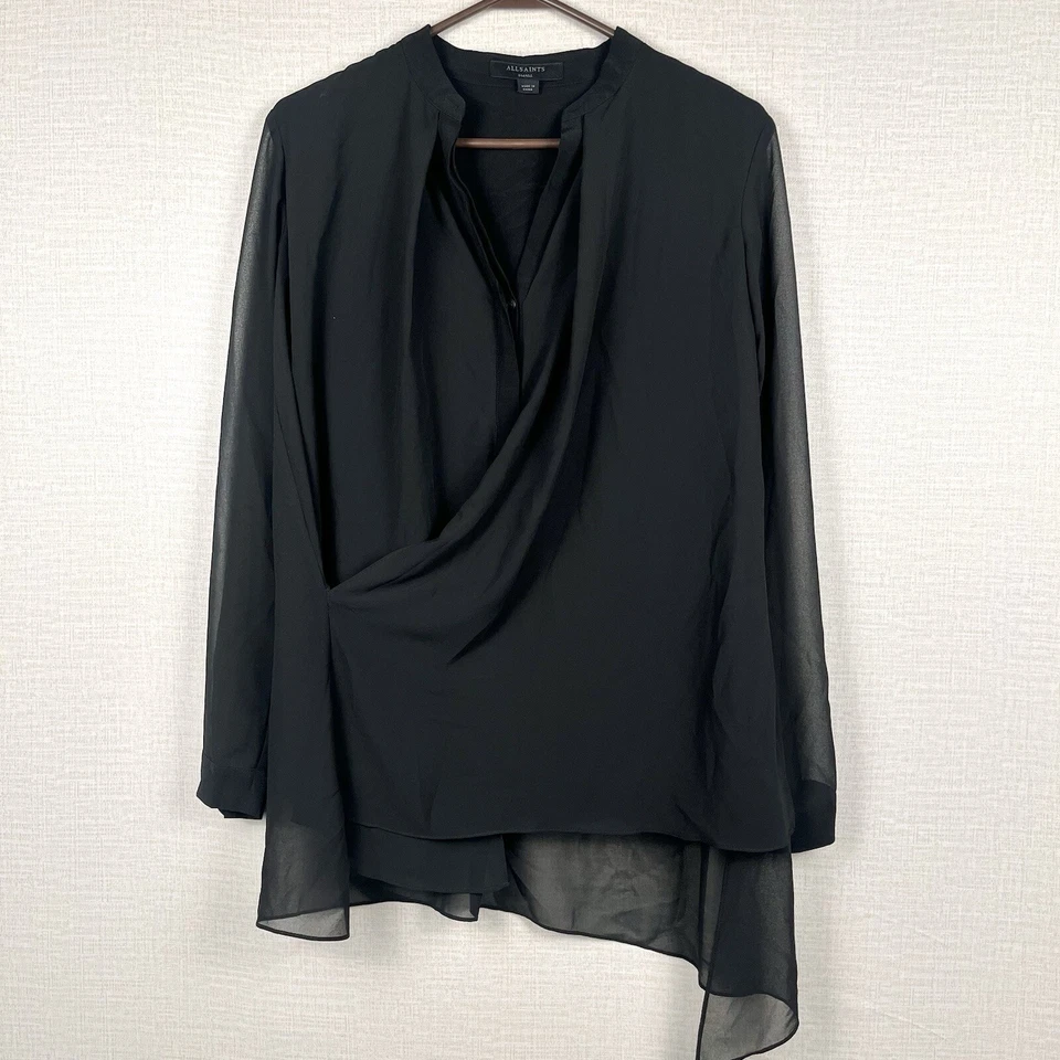 Blusa Top ALL SAINTS Negra Drapeada Asimétrica Manga Larga Nova Clásica Pequeña Foto 2 de 4