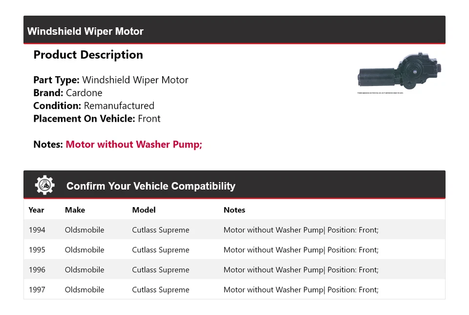 适用于 1994 - 1997 年 奥兹莫比尔 Cutlass Supreme 挡风玻璃 Wiper 电机 前 Cardone — 第 2/4 张图片