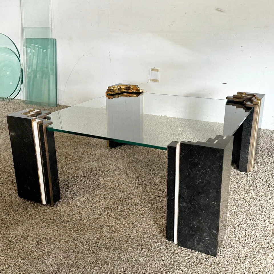 Mesa de centro Art Deco con tapa de vidrio teselado de piedra y latón Foto 4 de 4