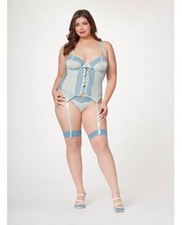 Lace Mesh Bustier w/Lace Up Center, Garter Belt Thong Blue
