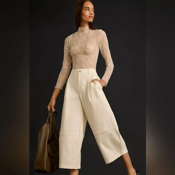 Anthropologie Maeve Barrel-Leg Chino Cotton + Elastane Pants White Size 8 US