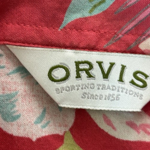 ORVIS Shirt Women Large Hawaiian Red Button Up Mother Of Pearl Button VTG Relax - Picture 4 of 11