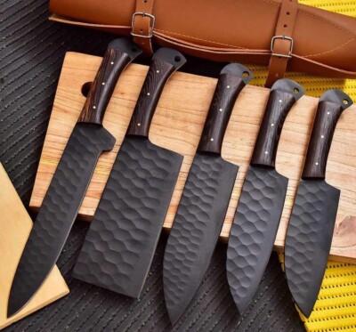  5 Pcs Handmade Black Hammered Chef Knife Set   High Carbon Steel Kitchen Knives