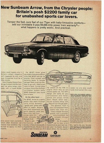 1967 SUNBEAM Arrow 4-door sedan import by Chrysler Vintage Print Ad