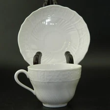 4 Demitasse Cup and Saucer Set Dresden Lorene Germany White w JHR Lion mark Rare