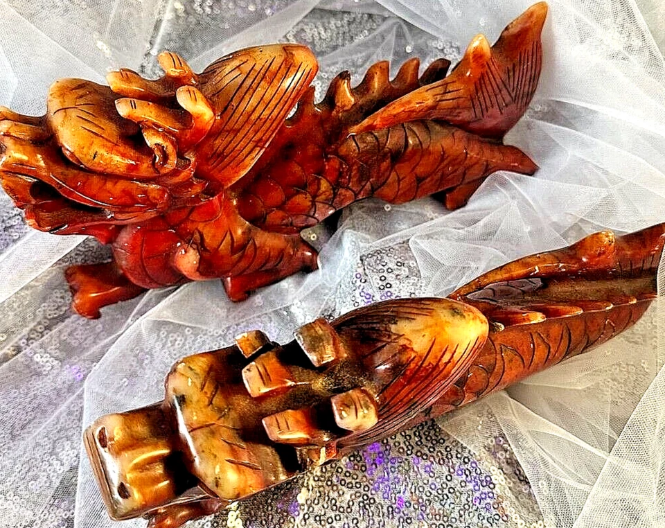 Pedra-sabão chinesa fina esculpida à mão 9" Foo Dog Dragon Serpent vermelha - Imagem 3 de 4