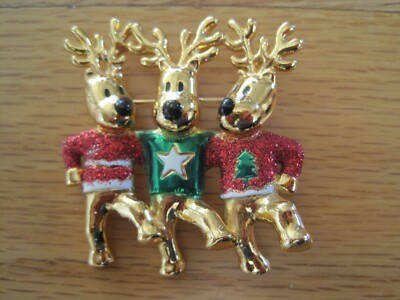 AJC Christmas 3 Dancing  Moose Pin Gold Tone