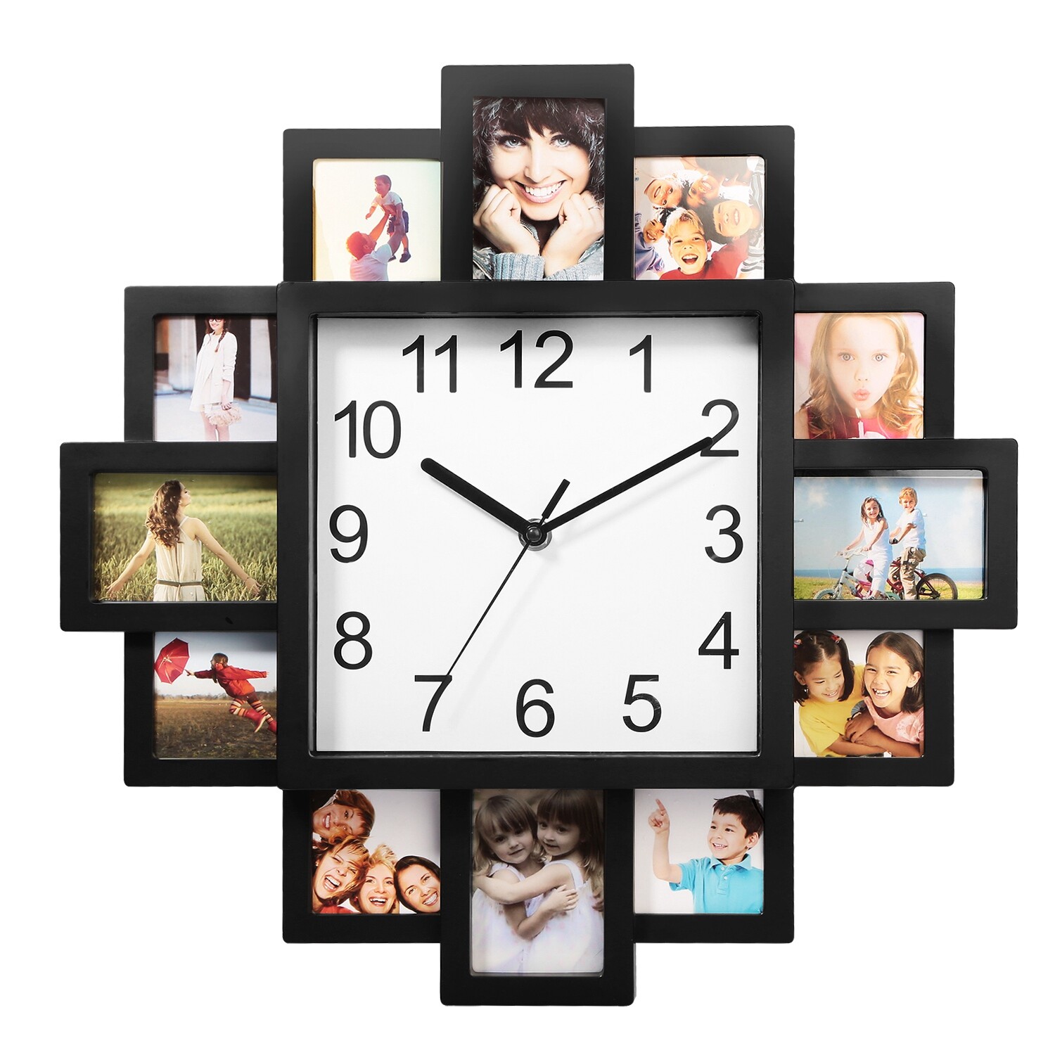 Hanging Wall Clock Photo Frame Clock w/12-Picture Display Picture Collage Decor