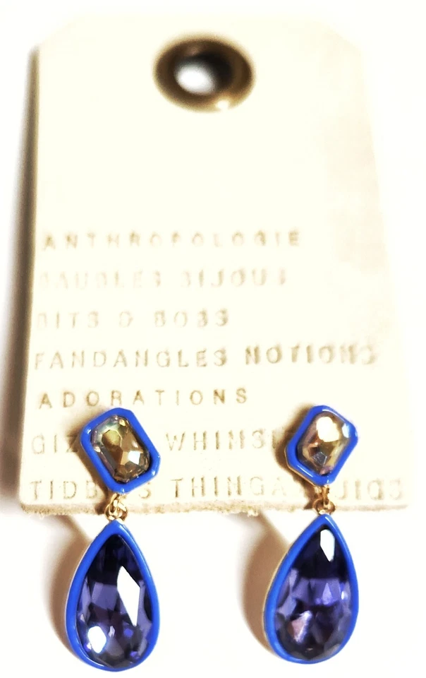 Pendientes colgantes de cristal de resina Anthropologie en latón chapado en oro azul marino nuevos con etiqueta Foto 2 de 4