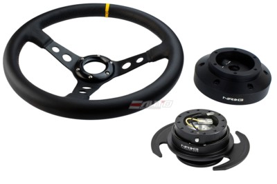 NRG 350mm 3'' Deep Steering Wheel Leather BK St Yellow + 101H Hub Gen3 BK Release