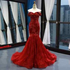 Elegant Dark Red Mermaid Wedding Dresses Lace Applique Off Shoulder Bridal Gowns