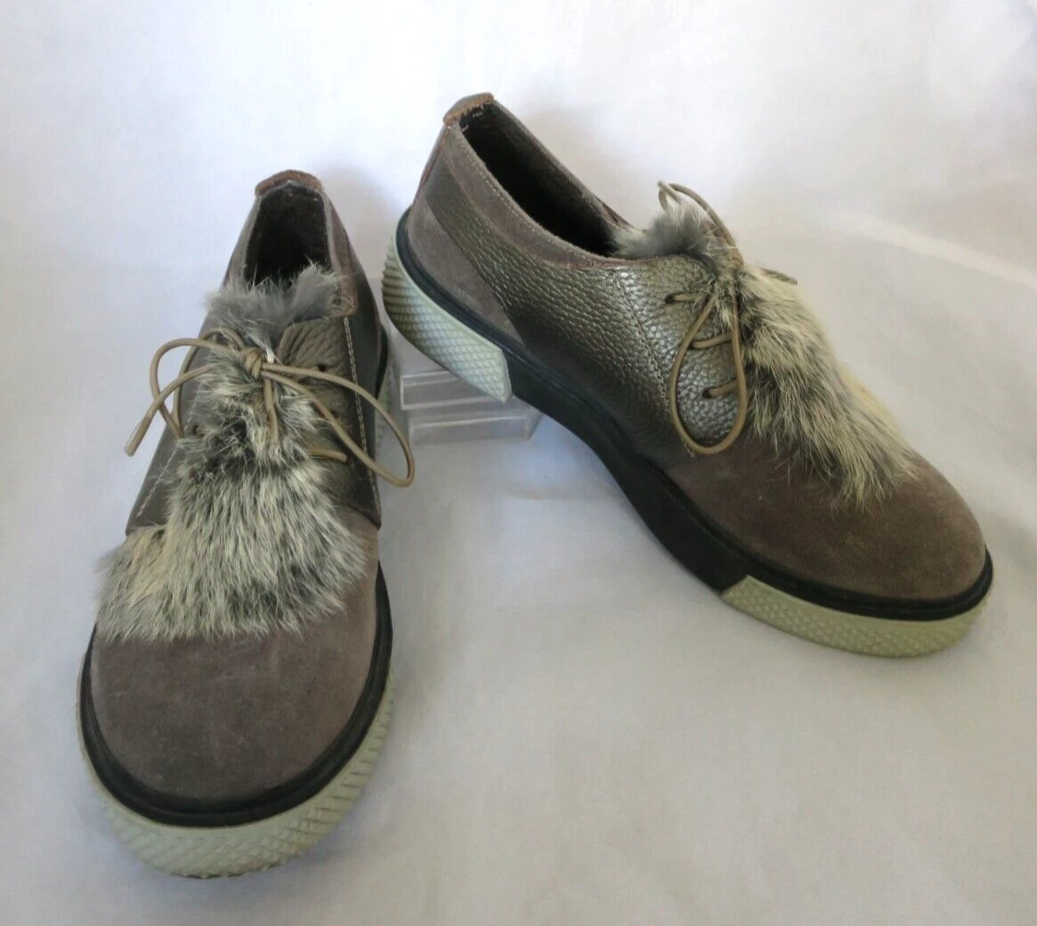Gray Suede Metallic Leather Fur Sneakers Felt Lined Elastic Vamp EU 38 US 7.5