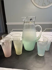 7pc Vtg West Virginia Glass Blendo Pitcher & Drinking Ice Tea Glasses