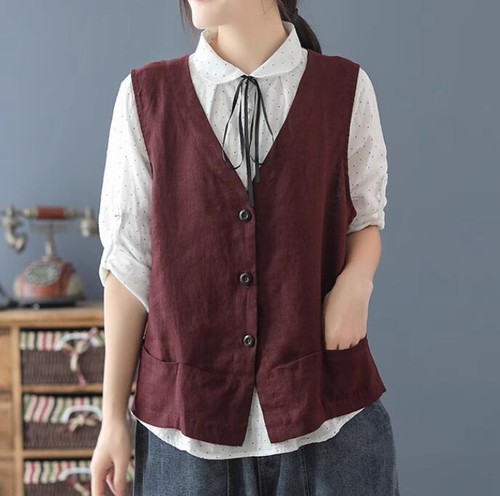 Damen V-Ausschnitt Drei Knopf Weste Baumwolle Leinen Ärmellos Jacke Kurzweste - Bild 15 von 21