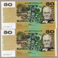 1985 Australian Johnston/Fraser $50 aUNC/UNC Conse pair YSF 200116-YSF 200117 