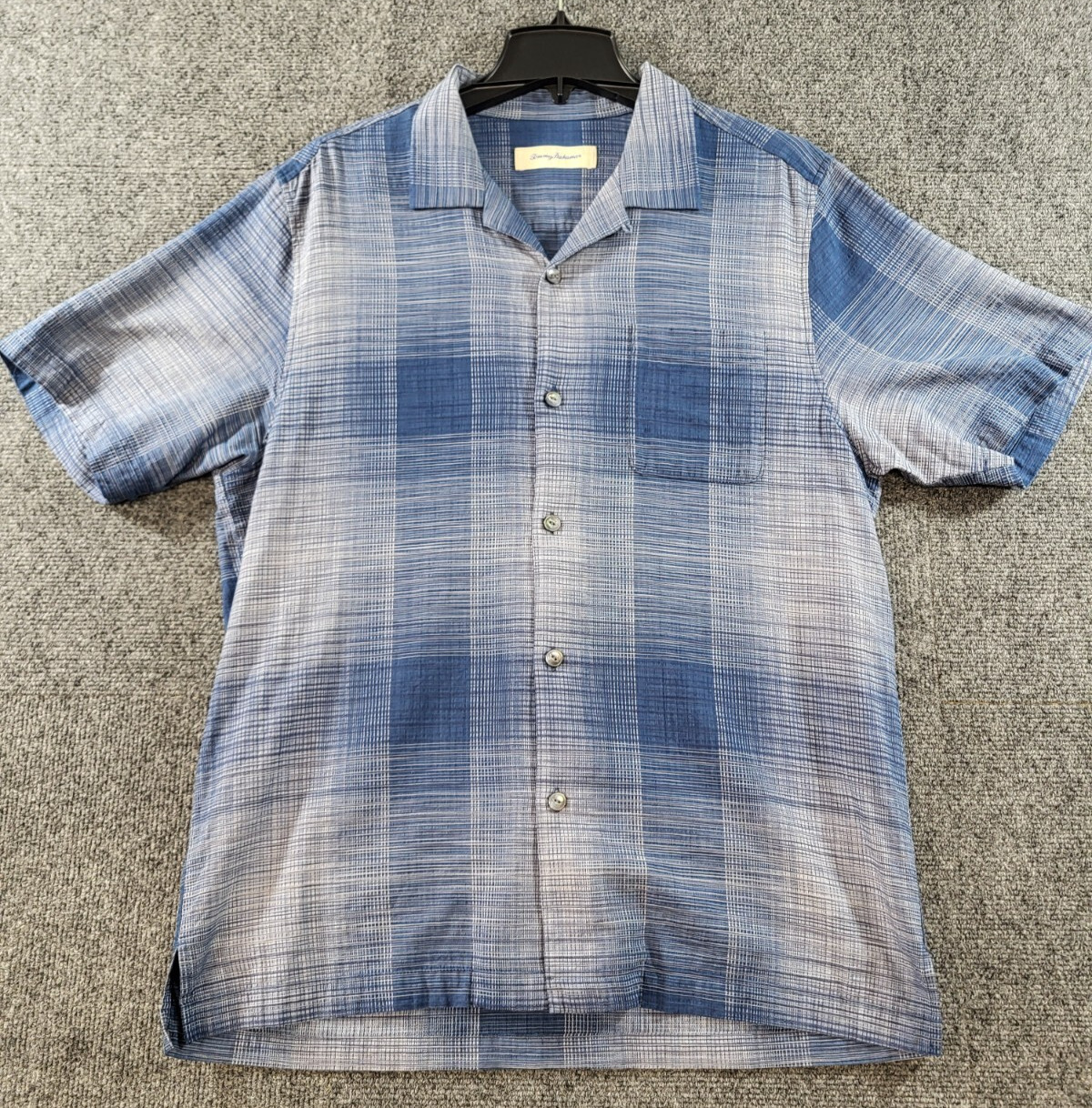 Camisa de campamento hawaiana Tommy Bahama para hombre L azul ventana panel cuadros mezcla de seda informal