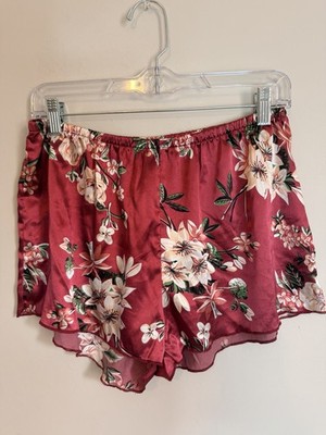 Satin Lounge Shorts Medium Red Floral Print Flowy Soft Comfortable