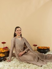 Women's Silk Embroidered Anarkali Ethnic Kurta and Pant Set with Dupatta