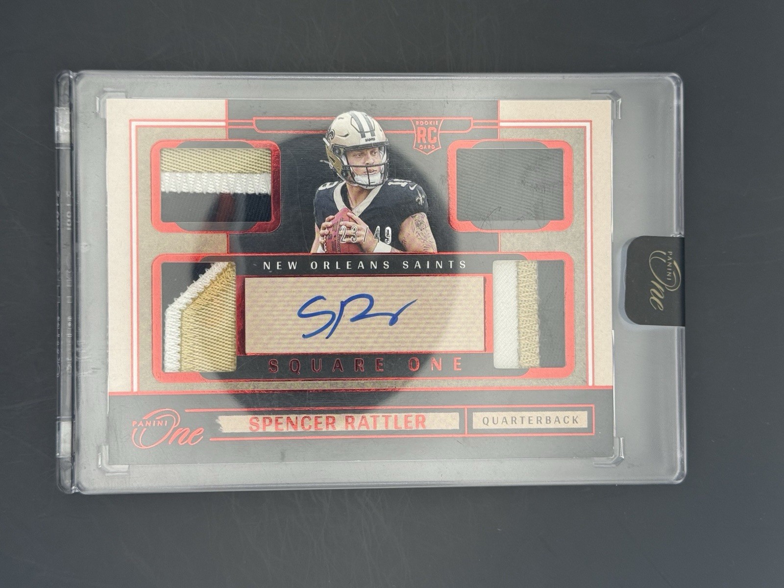 Panini 2024 Panini One Spencer Rattler Saints Square One Auto Patch Red 23/49 view 2