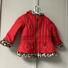 Pistachio Girls Puffer Jacket Size 5/6 Medium Hoodie Red Animal Print Trim Zip